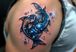 Twin koi fish swim around a sparkling navy Pisces constellation, merging the symbol and stars in harmony. tattoo idea