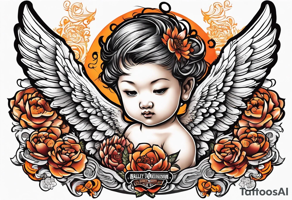 cherub with harley davidson wings tattoo idea