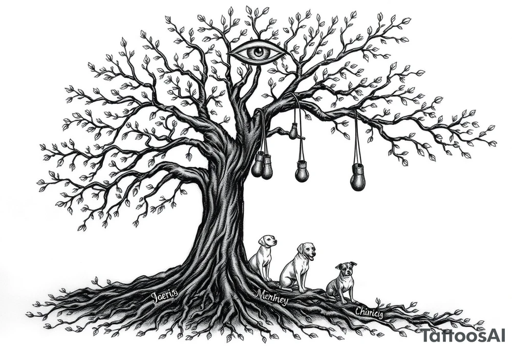 Hippy beech tree full of life.  PRETTY
Jamie, Derek, Iris, John, bill, Winnie names in the roots, Mavis, Garhi, Mickey, Pam, Lucy, in the branches at the top. Names can be in Hebrew. 
Three dogs a Rhodesian Ridgeback, King Charles cavalier and chihuahua. 
Prett, feminine ornate. Boxing gloves hanging from tree maybe with an all seeing eye overseeing it all. Must be feminine and pretty tattoo idea