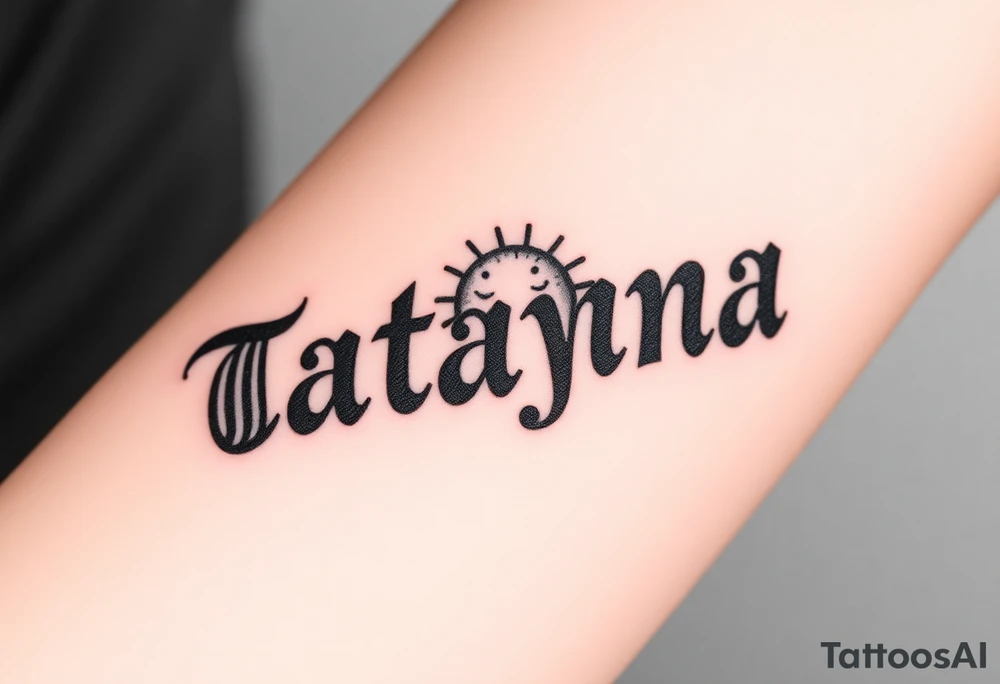 Tatayana name tattoo for a father using old English lettering and sun and moon tattoo idea