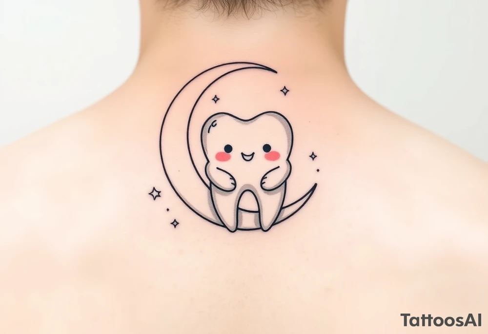 “A cute cartoon-style molar tooth sitting and gently hanging from a crescent moon, surrounded by small sparkling stars. The tooth has a sweet, happy expression (like blushing cheeks and a tiny smile), and the design is minimalistic, clean, and suitable for a small tattoo. Soft pastel colors with smooth shading, delicate outlines, and a dreamy, celestial vibe.” make it short behind the ears tattoo idea