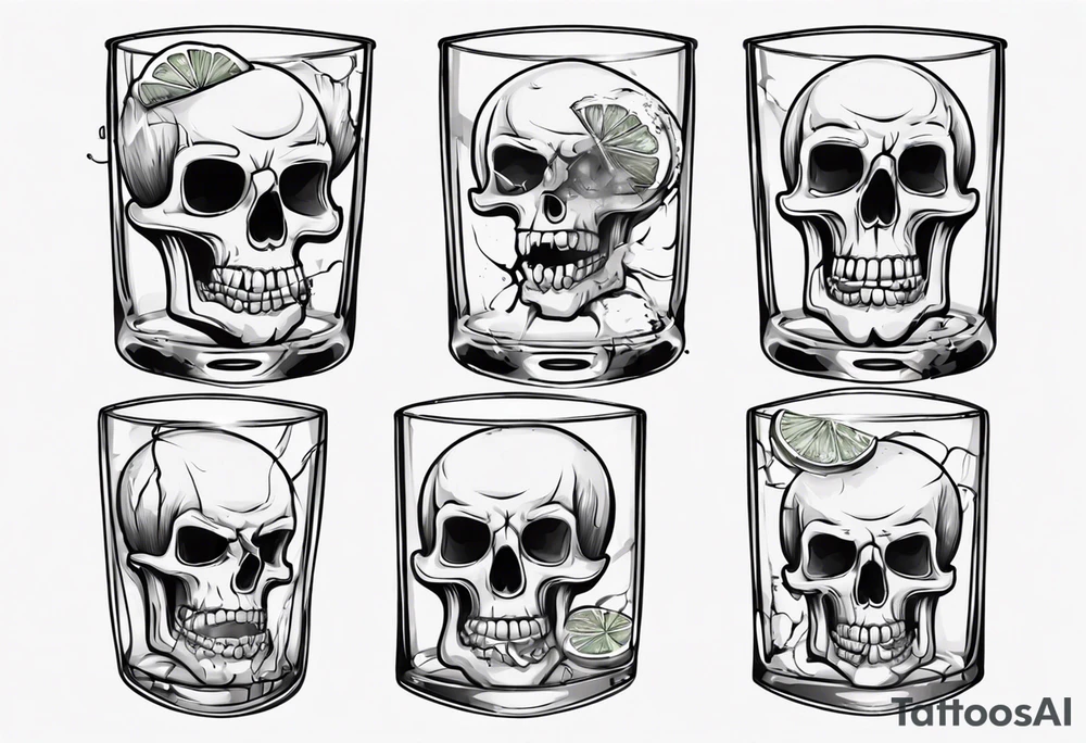 A scull inside the glass with alcohol and piece of lime tattoo idea
