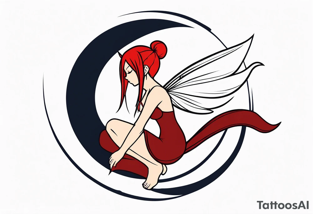 A fairy with a tail inspired by the logo of the show called Fairy Tail in a fetal position leaning in tattoo idea