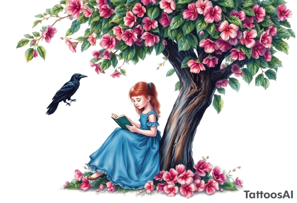 A tree of Impatiens walleriana, a little girl wearing a blue dress sitting under it while reading. A raven watching her. Flowers around.


. tattoo idea