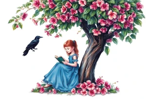 A tree of Impatiens walleriana, a little girl wearing a blue dress sitting under it while reading. A raven watching her. Flowers around.


. tattoo idea