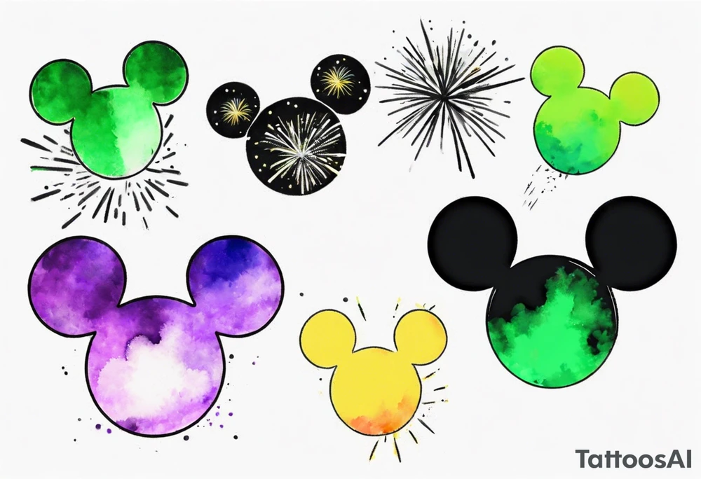 Simple Mickey head and ears in black with watercolor fireworks behind in green purple and yellow. tattoo idea