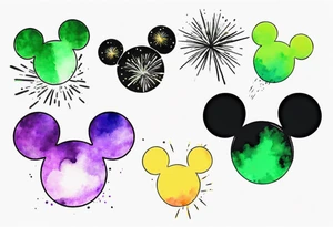 Simple Mickey head and ears in black with watercolor fireworks behind in green purple and yellow. tattoo idea