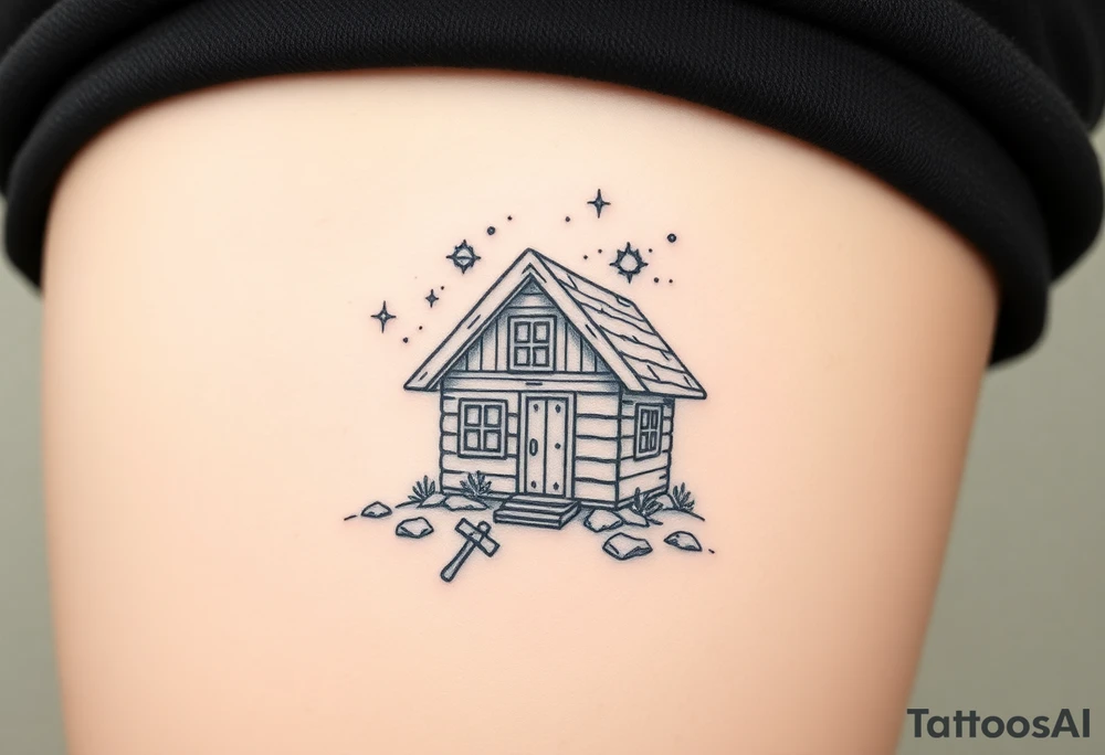 Tiny nordic house with cosmic sky and celestial details. With a pickaxe out the front of the house tattoo idea