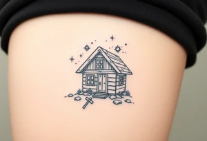 Tiny nordic house with cosmic sky and celestial details. With a pickaxe out the front of the house tattoo idea