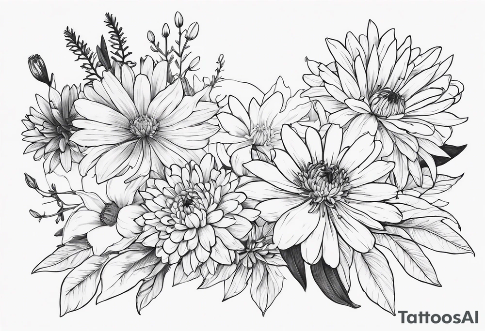 Asters, lillies, and chrysanthemums in a long line tattoo idea