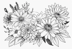 Asters, lillies, and chrysanthemums in a long line tattoo idea