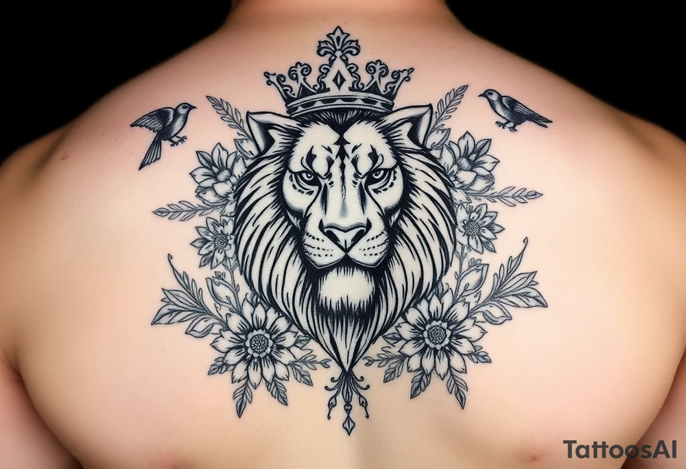 powerful majestic lion with a crown, surrounded by floral ornaments and birds tattoo idea
