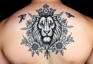 powerful majestic lion with a crown, surrounded by floral ornaments and birds tattoo idea