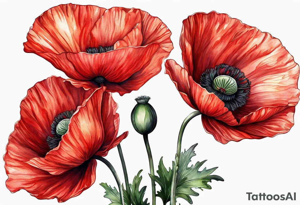 Red poppy flower with stem tattoo idea