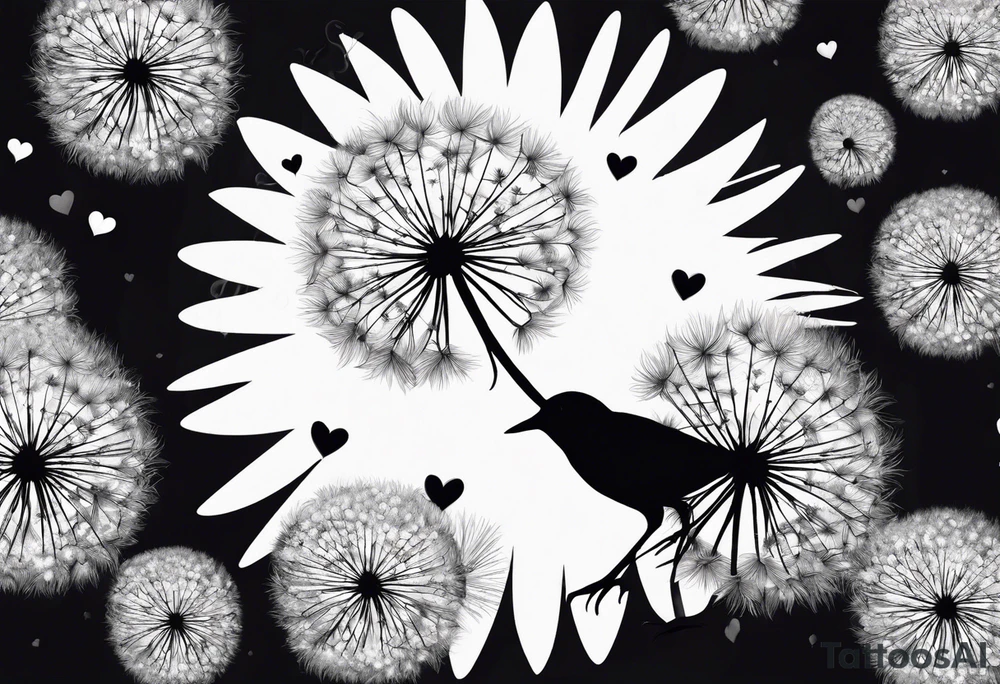 Dandelion with its ligules blowing away, a few legs are tiny hearts, the girls turn into a little bird, flying away to its future tattoo idea