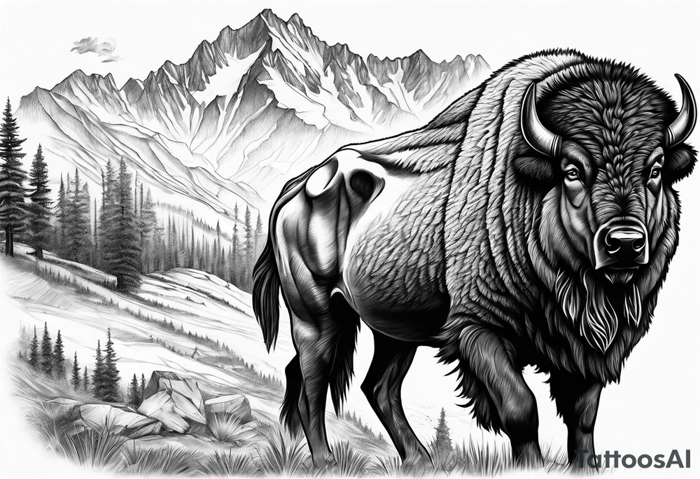 Mountains cowboy bison wolf tattoo idea