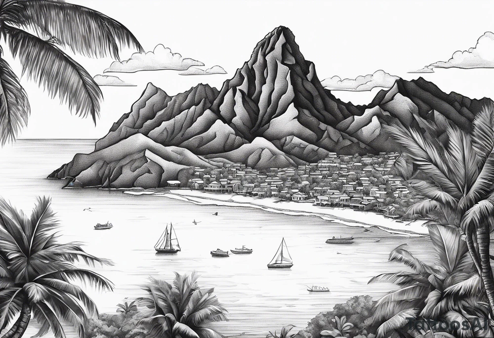 Map of the eastern Caribbean islands with an ocean view of the island mountains across the sea in the background tattoo idea