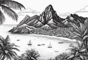 Map of the eastern Caribbean islands with an ocean view of the island mountains across the sea in the background tattoo idea