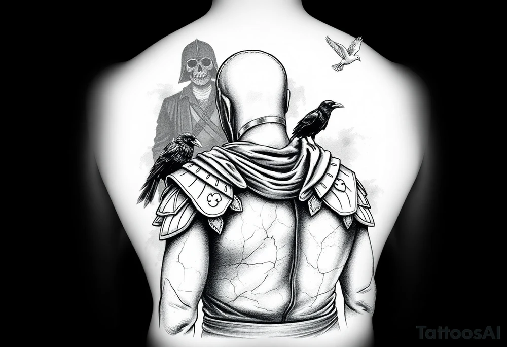 A black and grey tattoo sleeve design symbolizing silent battles and resilience. A worn gladiator with cracks in his armor stands tall, battle-weary but unbroken. Behind him, a shadowy figure represents the unseen struggles, partially obscured in mist. A single raven sits on his shoulder, symbolizing past darkness, while a faint dove soars above, representing faith and favor. Subtle tally marks blend into the background, representing victories no one sees. The design flows naturally with a balance of dark and light elements, blending realism with a slightly surreal feel. tattoo idea