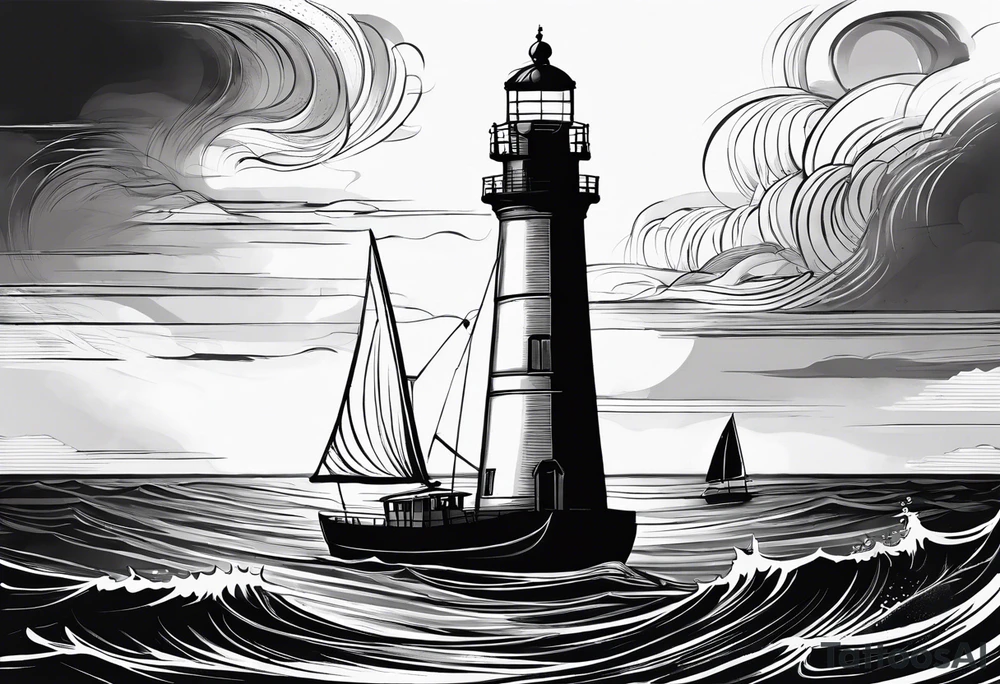 voilier vue de face. phare maritime fixé au centre du voilier et utilisé comme un mat pour les voiles. tattoo idea