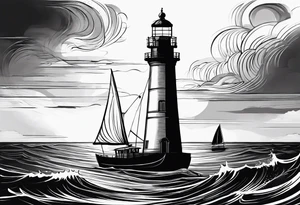 voilier vue de face. phare maritime fixé au centre du voilier et utilisé comme un mat pour les voiles. tattoo idea