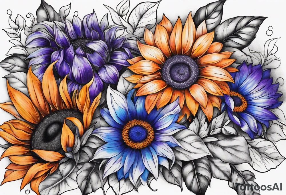 Full arm sleeve with purple, orange and blue sunflowers tattoo idea