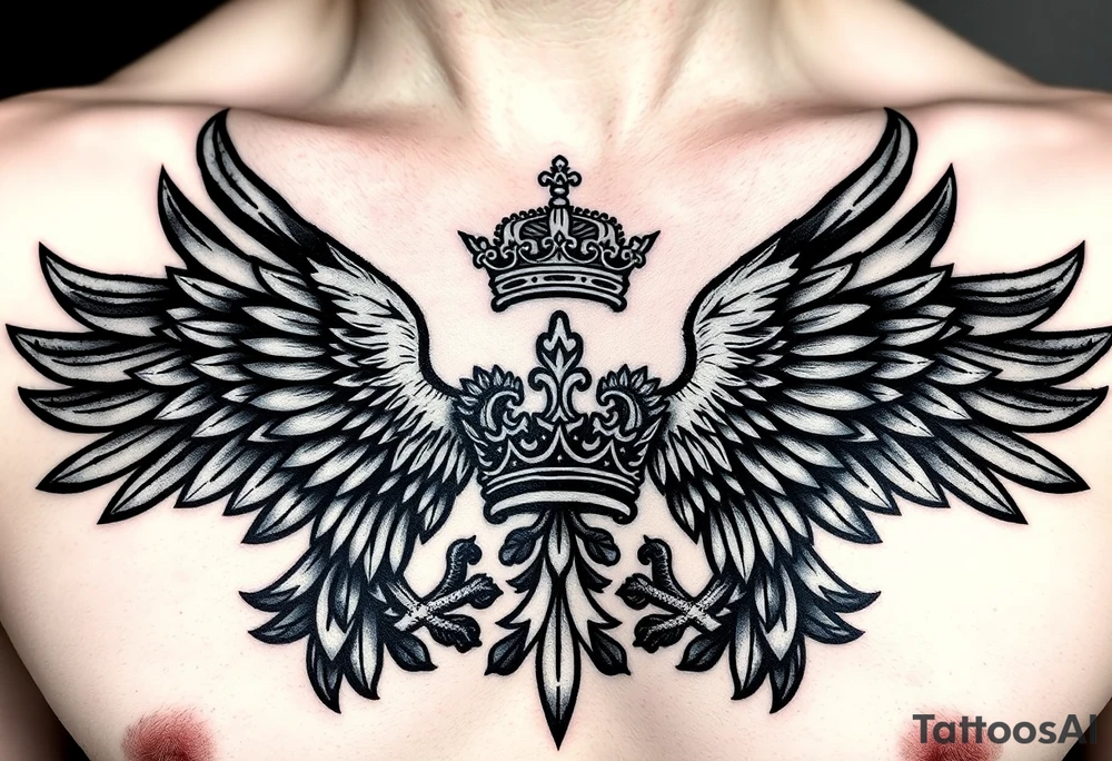 Chest tattoo,powerful two polish symetricals majestic darks eagles, surrounded by lure ornaments , between eagles a crown tattoo idea