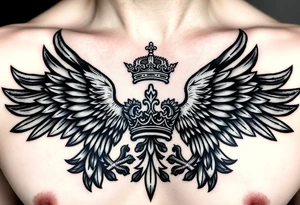 Chest tattoo,powerful two polish symetricals majestic darks eagles, surrounded by lure ornaments , between eagles a crown tattoo idea