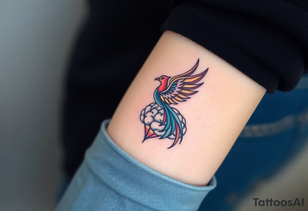 A phoenix rising out of a brain colorful tattoo idea