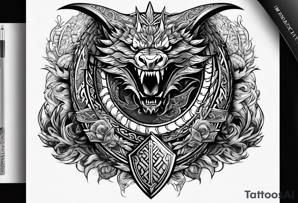 Valhalla sword shield long ship dragon head axe Valknut tattoo idea