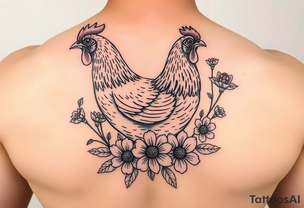 A chicken surrounded by wildflowers with ladybug on flowers petal tattoo idea
