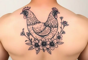 A chicken surrounded by wildflowers with ladybug on flowers petal tattoo idea