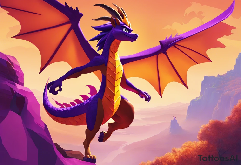 consider a dynamic scene featuring Nike from the Bella Sara trading cards as a majestic figure with flowing hair and armor. Incorporate elements from Spyro the Dragon, like his iconic wings and fiery breath, intertwining with Nike's movement. You could have Nike standing on a cliff with Spyro flying overhead, surrounded by ethereal landscapes reminiscent of both worlds. This combination would create a powerful and whimsical design, blending strength with fantasy. tattoo idea