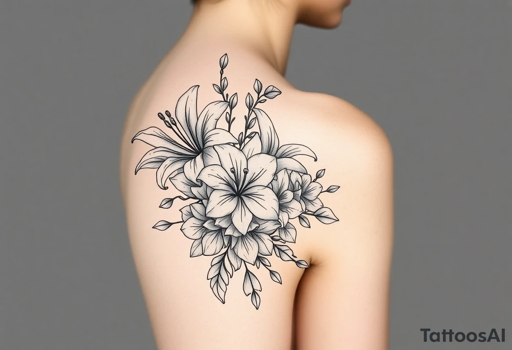lilies with cherry blossoms and spider plant in a floral wrap on the arm tattoo idea