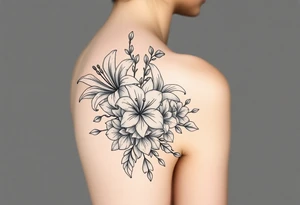 lilies with cherry blossoms and spider plant in a floral wrap on the arm tattoo idea