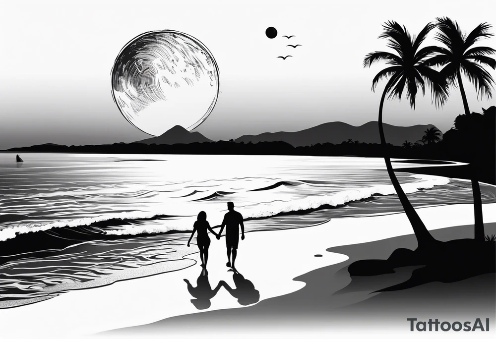 silhouette of two people holding hands on beach water with moon and palm trees tattoo idea