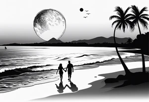 silhouette of two people holding hands on beach water with moon and palm trees tattoo idea
