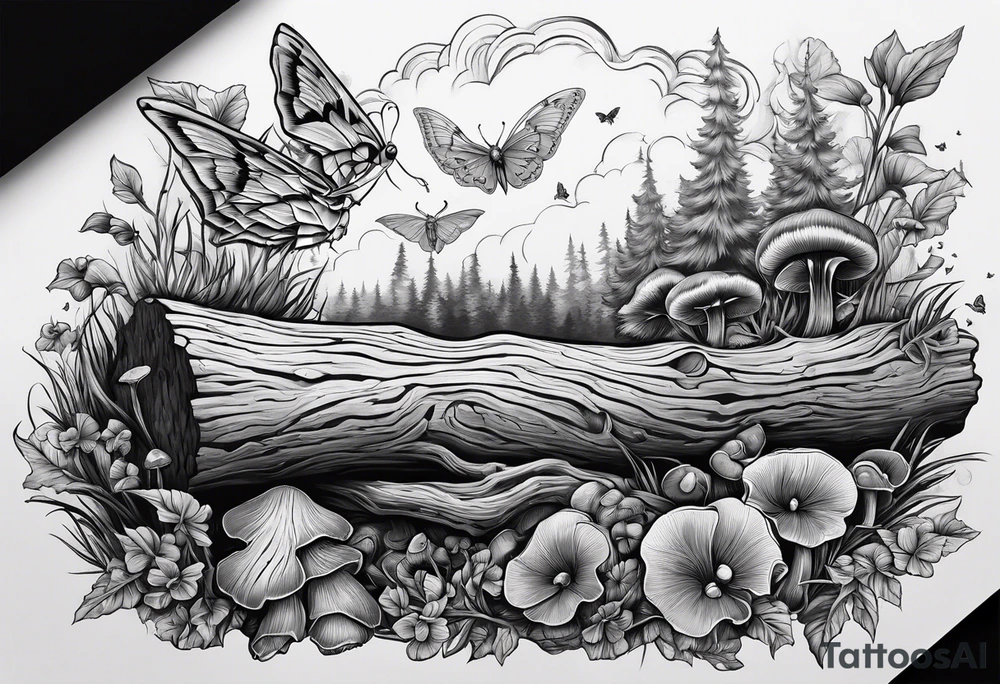 Fallen log with some mushrooms and Luna moth tattoo idea
