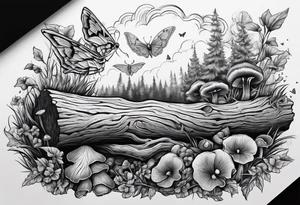 Fallen log with some mushrooms and Luna moth tattoo idea