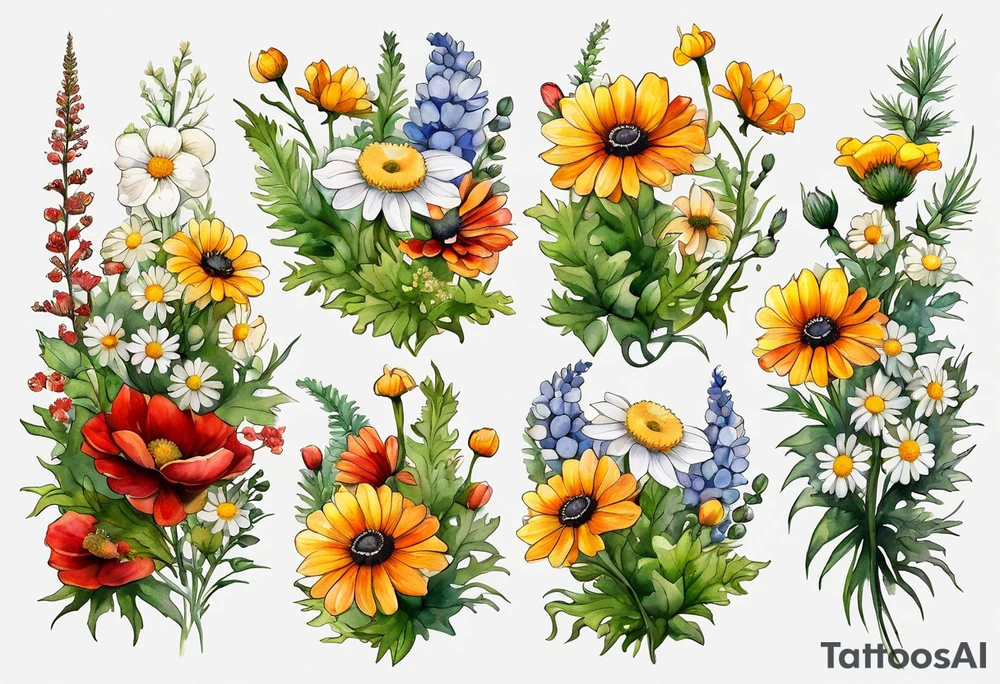 simple wildflowers cascading with thistles, ferns, white anemones, sun flowers, yellow flowers, red flowers, green flowers, buttercups, orange flowers, babys breath and daisies all in watercolor tattoo idea