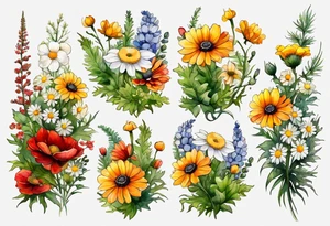 simple wildflowers cascading with thistles, ferns, white anemones, sun flowers, yellow flowers, red flowers, green flowers, buttercups, orange flowers, babys breath and daisies all in watercolor tattoo idea