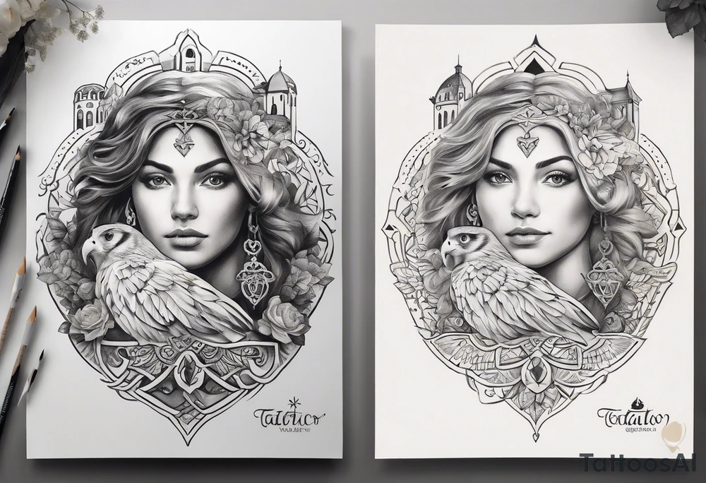 Create a tattoo design that symbolizes the connection between a family spread across Portugal and Germany, with a central figure who travels between the two. Incorporate elements representing both countries' cultures and landmarks, linked by a path or journey motif. The design should evoke feelings of unity, distance, and the bond of family. tattoo idea