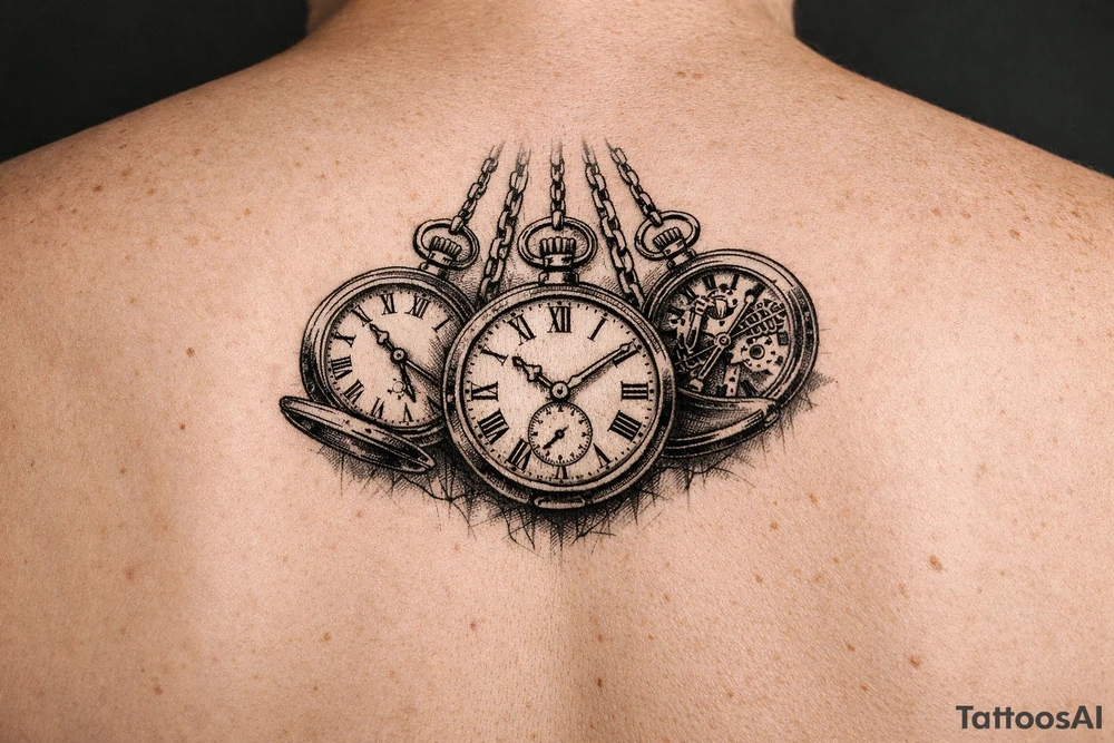 Cluster of three open pocket watches, suspended on chains. on upper arm tattoo idea