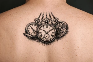 Cluster of three open pocket watches, suspended on chains.  on upper arm tattoo idea