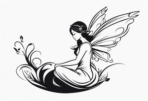 Minimalistic, monochromatic fairy with a tail flying to the left in a fetal position, leaning and looking in the same direction, with visible hands, embodying the 'Fairy Tail' logo aesthetic. tattoo idea