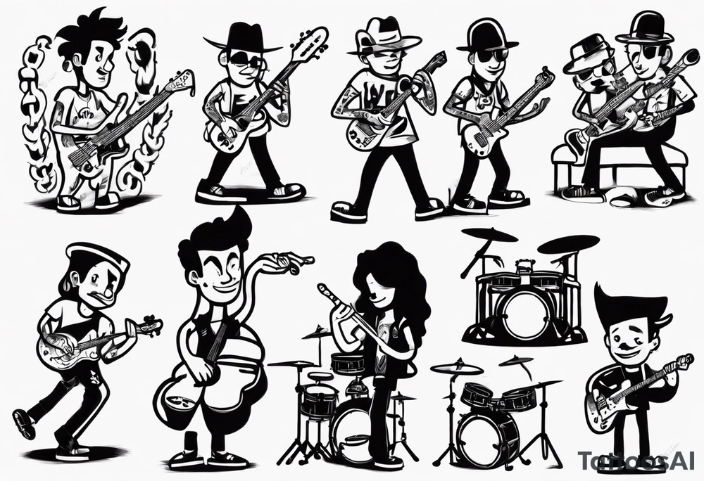 shadows of band members playing instruments. The words Riley and Jasper are formed by the parts of the picture. tattoo idea