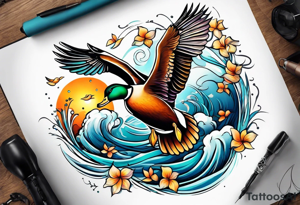 Flying ducks on leg tattoo idea