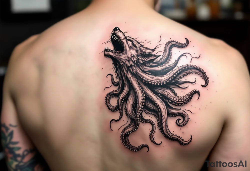 A surreal wolf octopus howling  in the arm tattoo idea