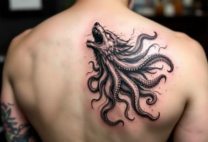 A surreal wolf octopus howling  in the arm tattoo idea