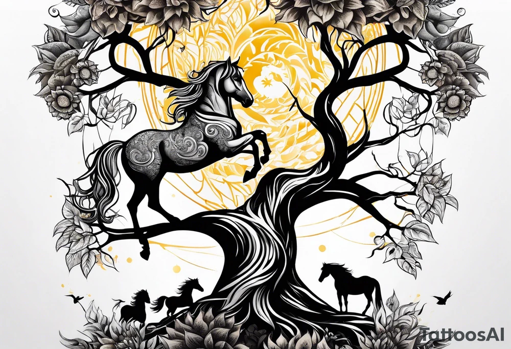 Yggdrasil tree, horse, sunflower tattoo idea